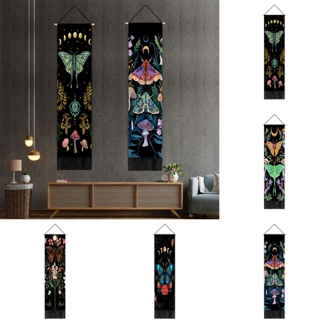 Vertical Hanging Tapestry Polyester Cotton Fabric Wall Art Lunar Phase Butterfly Mushroom With Wood Pole And Tassel Vintage
