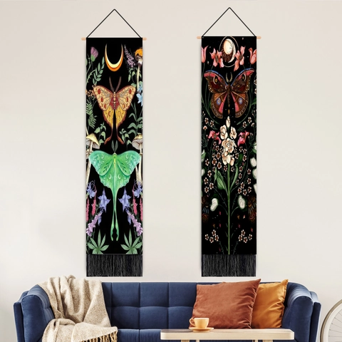 Vertical Hanging Tapestry Polyester Cotton Fabric Wall Art Lunar Phase Butterfly Mushroom With Wood Pole And Tassel Vintage