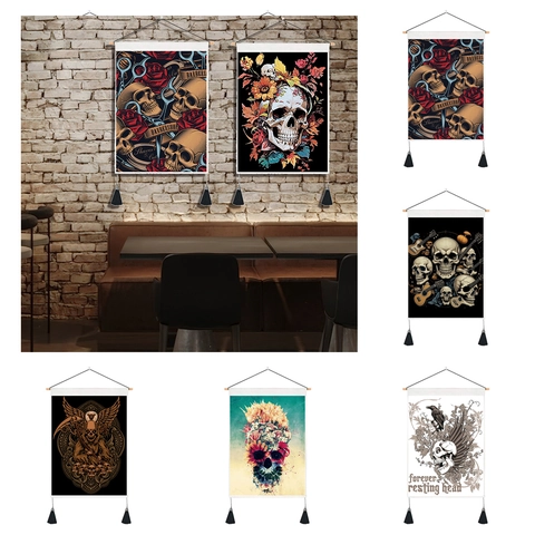 Gotischer Skelett Wandteppich Retro Barbershop Floral Schädel Kunst Schriftrolle Mit Holzstab Quasten Für Halloween Home Dekor