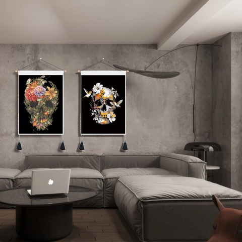 Gotischer Skelett Wandteppich Retro Barbershop Floral Schädel Kunst Schriftrolle Mit Holzstab Quasten Für Halloween Home Dekor