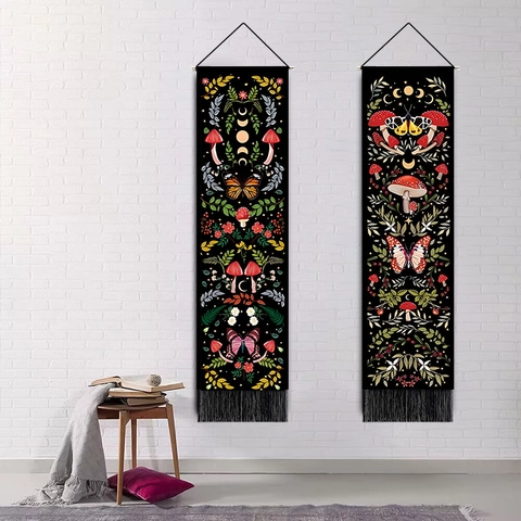 Boheems Wandtapijt Polyester Katoen Paddenstoel Vlinder Maanfase Verticale Wanddecoratie Met Kwastje Kamer Esthetiek