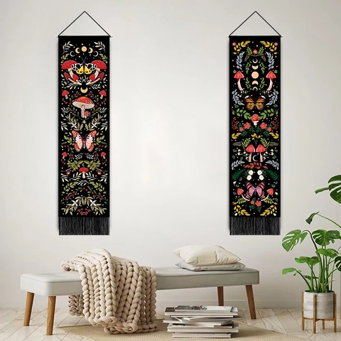 Boheems Wandtapijt Polyester Katoen Paddenstoel Vlinder Maanfase Verticale Wanddecoratie Met Kwastje Kamer Esthetiek