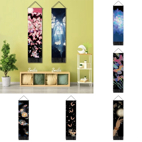 Arazzo Verticale Lungo con Farfalle in Stile Nordico Con Nappine e Asta di Sospensione Murale in Tessuto per Decorazione Casa