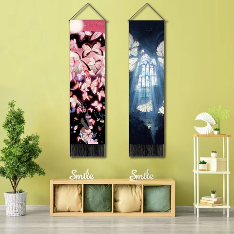 Arazzo Verticale Lungo con Farfalle in Stile Nordico Con Nappine e Asta di Sospensione Murale in Tessuto per Decorazione Casa