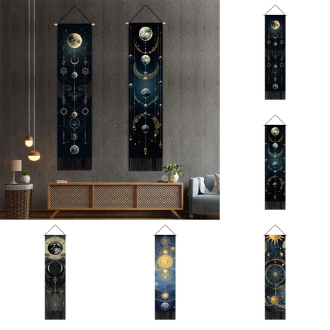 Astronomy Planet Moon Phase Hanging Tapestry Wall Art Mystical Astrology Nordic Home Decor Polyester Cotton With Wood Pole