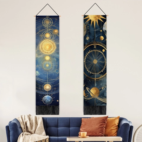 Astronomy Planet Moon Phase Hanging Tapestry Wall Art Mystical Astrology Nordic Home Decor Polyester Cotton With Wood Pole
