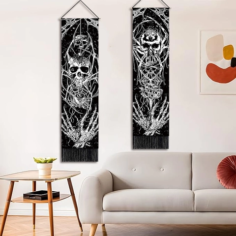 Gothic Skull Spider Web Wall Hanging Tapestry Cotton Polyester Vertical Home Decor With Tassel And Wooden Rod