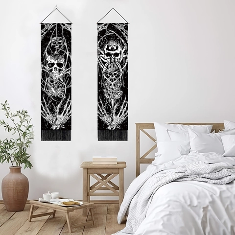 Gothic Skull Spider Web Wall Hanging Tapestry Cotton Polyester Vertical Home Decor With Tassel And Wooden Rod