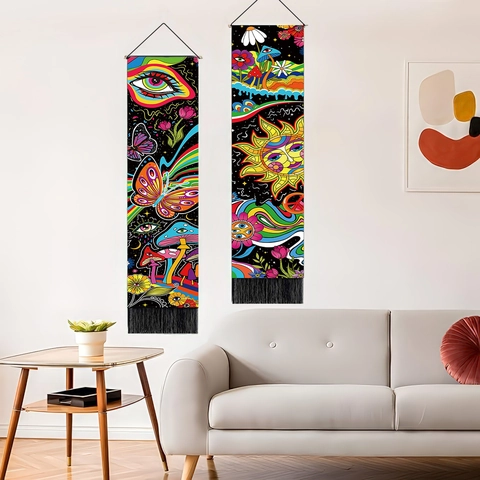 Psychedelisch Paddestoel Vlinder Zon Wandtapijt Polyester Katoen Lang Verticaal Boheems Decor Met Zwarte Kwastjes