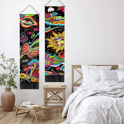 Psychedelisch Paddestoel Vlinder Zon Wandtapijt Polyester Katoen Lang Verticaal Boheems Decor Met Zwarte Kwastjes