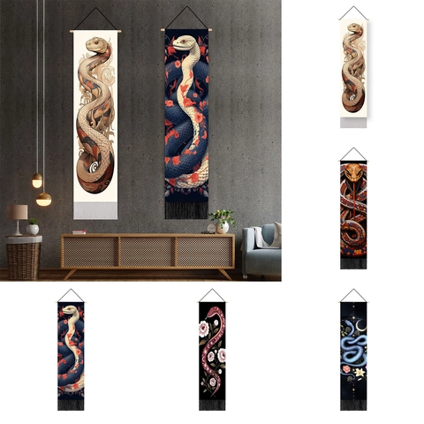 Mystischer Schlangen-Blumen-Wandteppich mit Holzstange Quasten Polyester-Baumwolle Wanddekoration für das Wohnzimmer