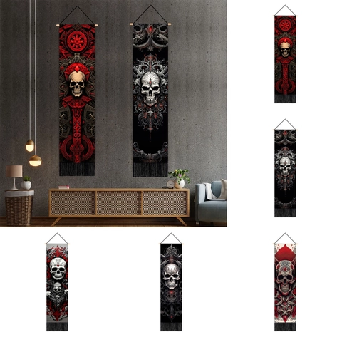 Gothic Skull Tapestry Wall Hanging With Tassels And Wooden Rod Dark Art Background For Bedroom Living Room Decor