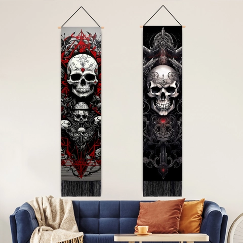 Gothic Skull Tapestry Wall Hanging With Tassels And Wooden Rod Dark Art Background For Bedroom Living Room Decor