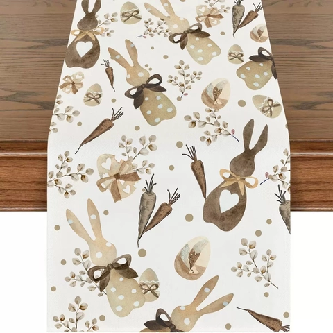 Oster Tischläufer Leinen Polyester Hase Kaninchen Blumendruck Urlaub Esszimmer Party Dekoration Maschinenwaschbar