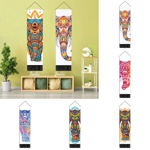 Bohemian Elephant Mandala Wall Tapestry Polyester Cotton Hanging Art With Wood Pole And Tassels For Home Decor