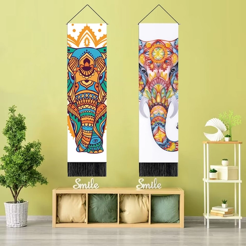 Bohemian Elephant Mandala Wall Tapestry Polyester Cotton Hanging Art With Wood Pole And Tassels For Home Decor