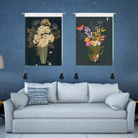 Tapiz Decorativo con Patrón de Flores Bohemias Con Varilla de Madera Paño de Pared Floral Vintage para Decoración Hogar