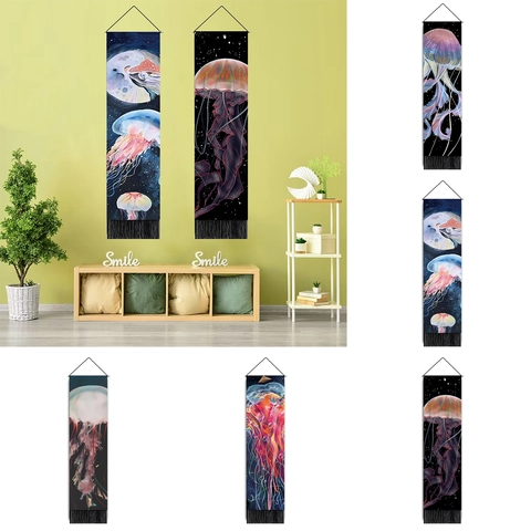 Jellyfish Galaxy Hanging Tapestry Polyester Cotton Wall Art Vertical Decorative Banner With Wood Rod And Black Tassels