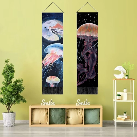 Jellyfish Galaxy Hanging Tapestry Polyester Cotton Wall Art Vertical Decorative Banner With Wood Rod And Black Tassels
