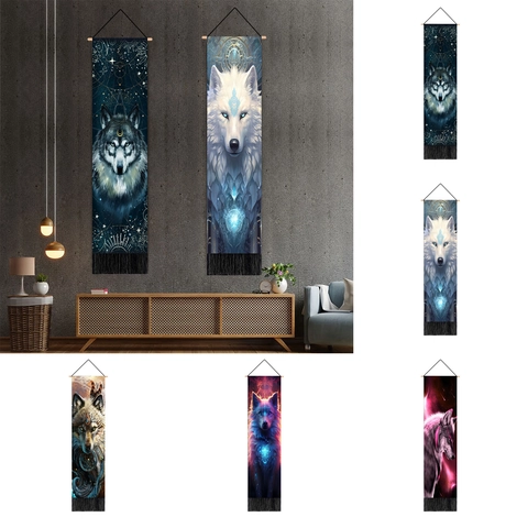 Mystic Wolf Wall Tapestry Polyester Cotton Long Vertical Hanging Art With Wooden Rod And Tassels For Living Room Bedroom Decor