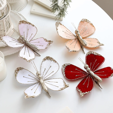 Butterfly Christmas Tree Ornaments Flocked Velvet Fabric With Gold Glitter Sequins Artificial Pearls Metal Clips Festive Home Decor