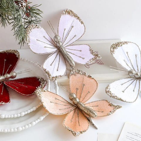 Butterfly Christmas Tree Ornaments Flocked Velvet Fabric With Gold Glitter Sequins Artificial Pearls Metal Clips Festive Home Decor