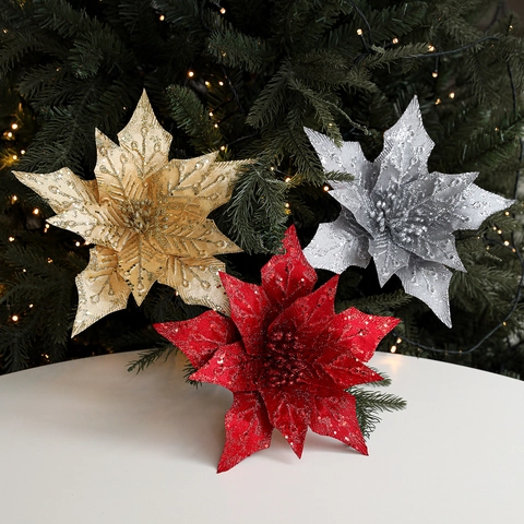 Artificial Poinsettia Flower Glitter Sequined Christmas Tree Decoration For Home Party Wedding Holiday Ornament