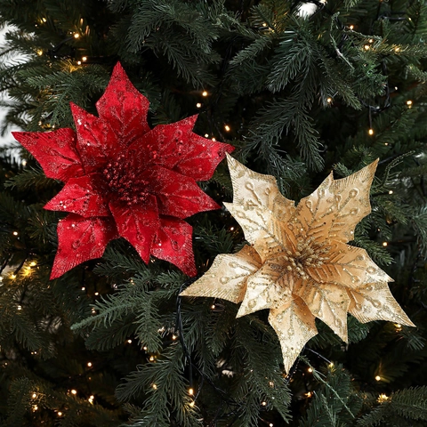 Artificial Poinsettia Flower Glitter Sequined Christmas Tree Decoration For Home Party Wedding Holiday Ornament