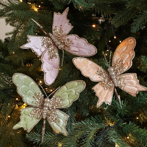 Butterfly Christmas Tree Decorations Clips Glitter Flocking Velvet Butterfly Pendants For Festive Party Holiday Ornaments Gift