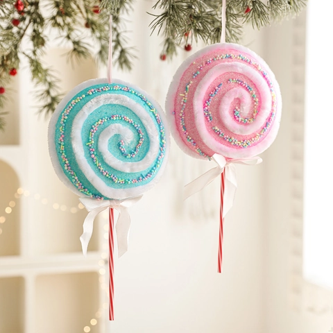 Christmas Lollipop Hanging Ornament Foam Velvet Glitter Candy Spiral Design With Bow Ribbon Christmas Tree Window Decor Festive Party Decoration