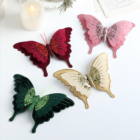 Große Beflockte Stoff Schmetterling Weihnachtsbaum Dekoration Glitzer Pailletten Schleife Ornament Mit Clip Für Festliche Haus Dekoration