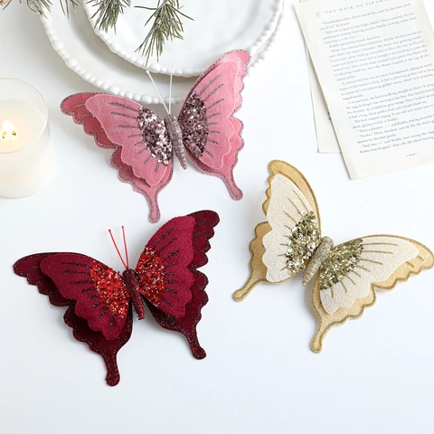Große Beflockte Stoff Schmetterling Weihnachtsbaum Dekoration Glitzer Pailletten Schleife Ornament Mit Clip Für Festliche Haus Dekoration