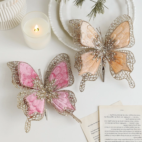 Elegant Velvet Glitter Butterfly Christmas Tree Decoration With Metal Clip Double Layer Mesh Butterfly Ornament For Festive Wedding Party Decor