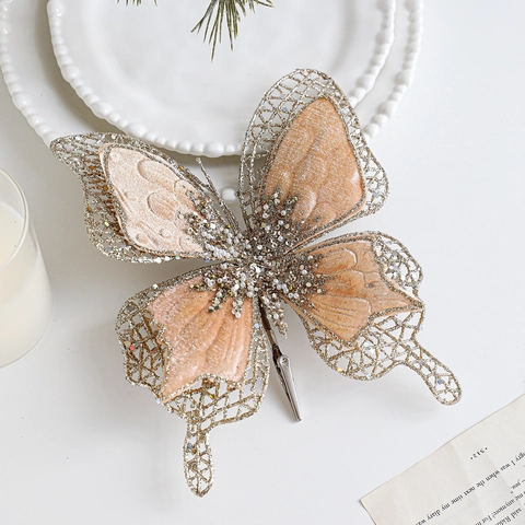 Elegant Velvet Glitter Butterfly Christmas Tree Decoration With Metal Clip Double Layer Mesh Butterfly Ornament For Festive Wedding Party Decor