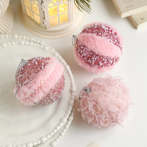 Pink Plush Foam Christmas Ball Ornaments With Pearls Sequins Mesh Tulle Petals For Christmas Tree Hanging Decoration Festival Home Decor
