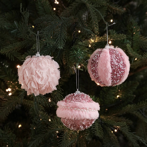 Pink Plush Foam Christmas Ball Ornaments With Pearls Sequins Mesh Tulle Petals For Christmas Tree Hanging Decoration Festival Home Decor
