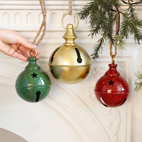 Campana di Natale in Metallo Vintage Decorazione Pendente Con Ritaglio a Stella Corda di Juta per Albero di Natale Casa