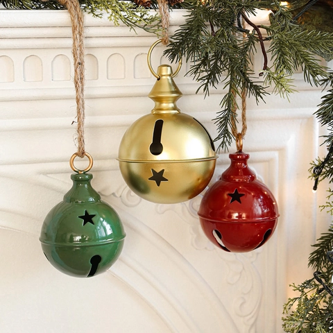 Campana di Natale in Metallo Vintage Decorazione Pendente Con Ritaglio a Stella Corda di Juta per Albero di Natale Casa