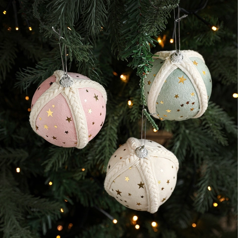 Palle Di Natale In Schiuma Tessuto Stampa Stelle Dorate Corda Intrecciata Decorazione Festiva Da Appendere