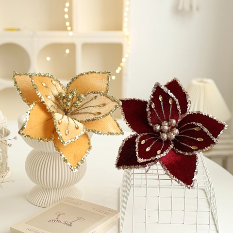 Künstliche Weihnachts Poinsettia Blumen Samt Glitzer Pailletten Strass Funkelnd Elegant Festlich Baum Kranz Girlande Dekor