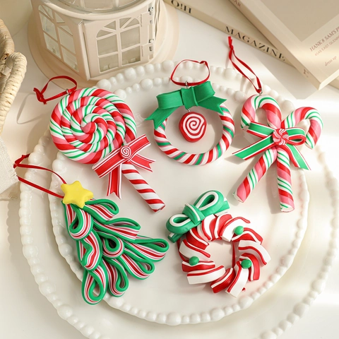 Christmas Tree Hanging Ornaments Polymer Clay Candy Lollipop Cane Wreath Festive Red Green White Party Home Decor
