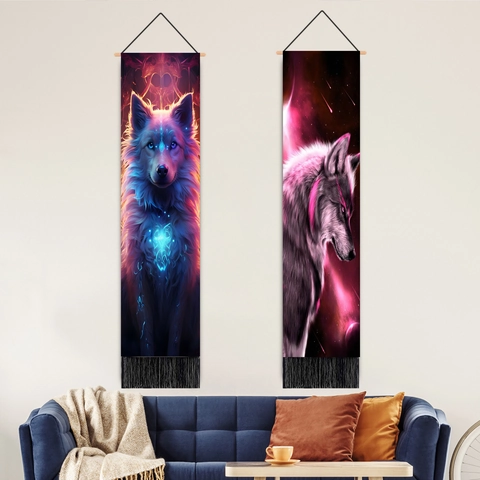 Mystic Wolf Wall Tapestry Polyester Cotton Long Vertical Hanging Art With Wooden Rod And Tassels For Living Room Bedroom Decor