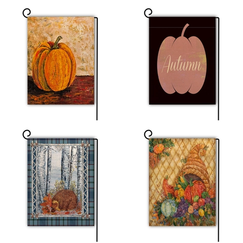 Bandera de Jardín de Acción de Gracias Halloween Lino Calabaza de Otoño Pavo Erizo Bandera Decorativa con Soporte