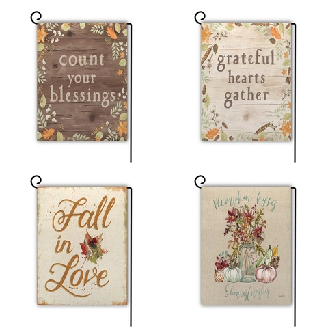 Thanksgiving Autumn Garden Flag Double Sided Linen Burlap Fall Outdoor Yard Decoration With Metal Stand Maple Leaf Pumpkin