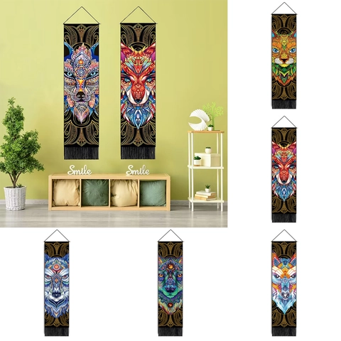 Bohemian Animal Mandala Wall Hanging Tapestry With Wood Pole Tassel Fox Wolf Cat Pattern Polyester Cotton Decor For Home