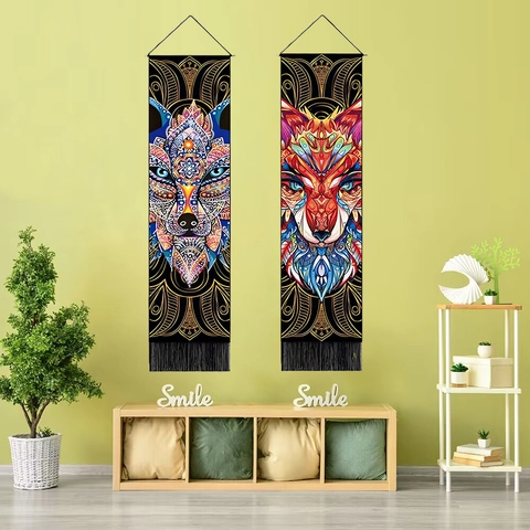 Bohemian Animal Mandala Wall Hanging Tapestry With Wood Pole Tassel Fox Wolf Cat Pattern Polyester Cotton Decor For Home