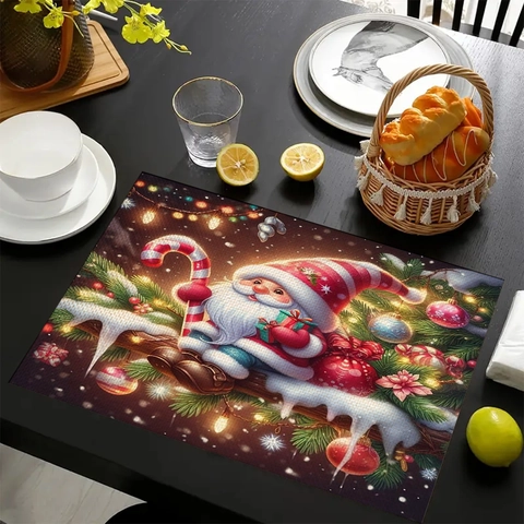 Linen Christmas Placemats Heat Resistant Table Mats Xmas Gnomes Santa Claus Pattern Kitchen Dining Decor For Holiday Party