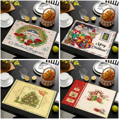 Christmas Linen Placemat Vintage Santa Claus Reindeer Print Table Mat Heat Resistant Washable Holiday Party Decoration