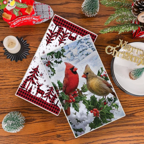 Toallas de Cocina Decorativas de Navidad Microfibra Paños Absorbentes Cuadros Buffalo Reno Pájaro Árbol Estampado Navideño