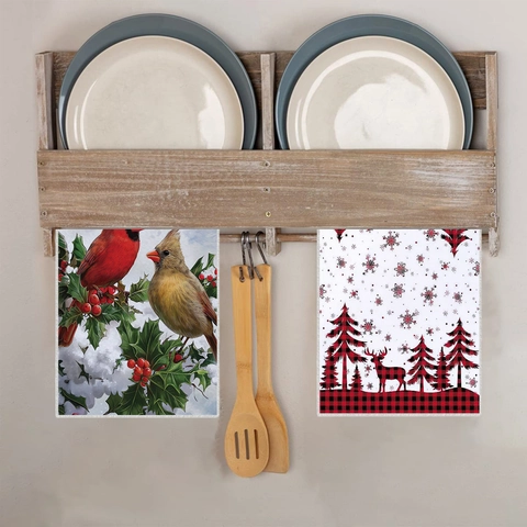 Toallas de Cocina Decorativas de Navidad Microfibra Paños Absorbentes Cuadros Buffalo Reno Pájaro Árbol Estampado Navideño